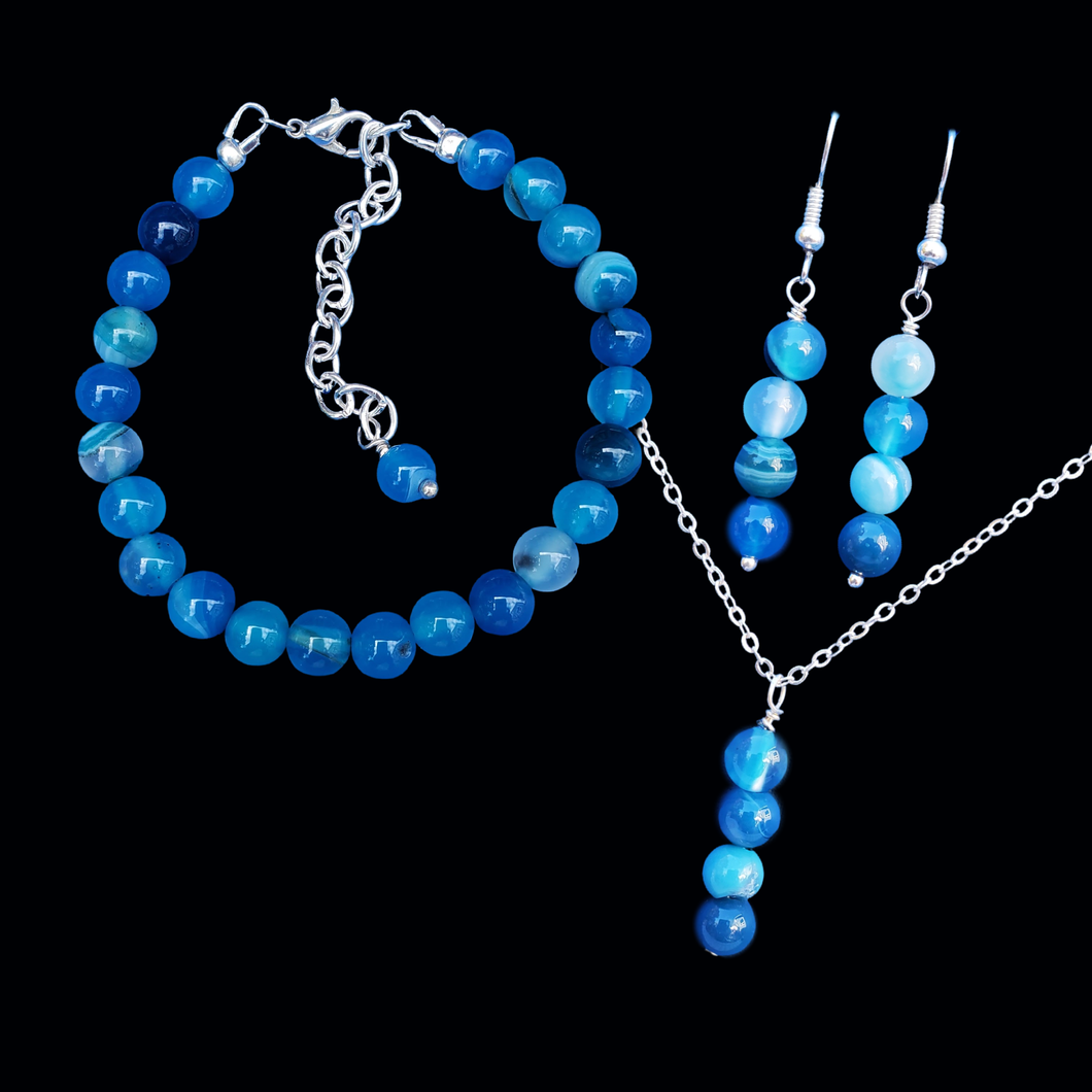 Jewelry Sets - Necklace Set - Gemstone Jewelry - natural gemstone drop necklace bracelet drop earring jewelry set, blue lines agate or custom color, shades of blue