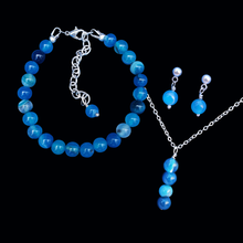 Load image into Gallery viewer, Jewelry Sets - Gemstone Jewelry - Bridal Party Jewelry - handmade natural gemstone drop necklace accompanied by a bracelet and a pair of stud earrings, blue lines agate or custom color