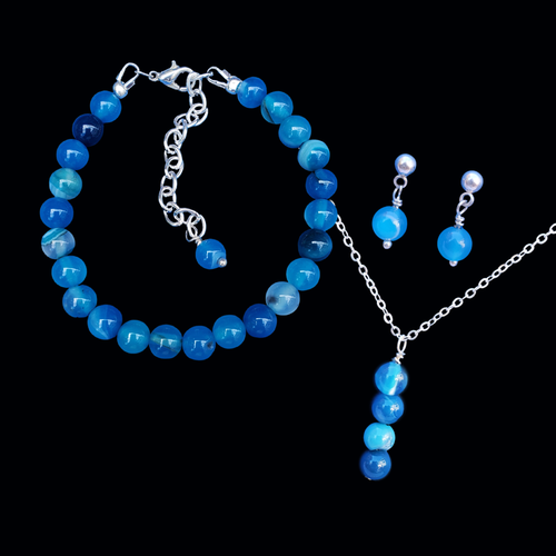 Jewelry Sets - Gemstone Jewelry - Bridal Party Jewelry - handmade natural gemstone drop necklace accompanied by a bracelet and a pair of stud earrings, blue lines agate or custom color