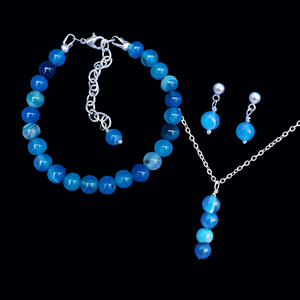 Jewelry Sets - Gemstone Jewelry - Bridal Party Jewelry - handmade natural gemstone drop necklace accompanied by a bracelet and a pair of stud earrings, blue lines agate or custom color