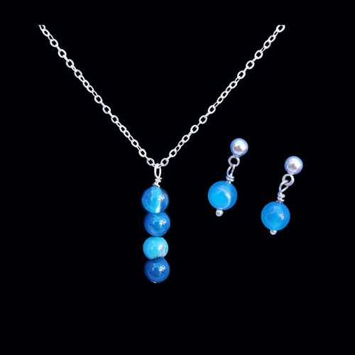 Necklace And Earring Set - Necklace Set - Bridal Sets - handmade natural gemstone drop necklace and pair of stud earring jewelry set, blue lines agate or custom color