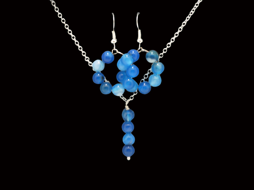 Necklace And Earring Set - Necklace Set - Bridal Sets, handmade natural gemstone drop necklace accompanied by a pair of hoop earrings, blue lines agate or custom color