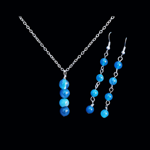 handmade natural gemstone, drop necklace and earring jewelry set, blue lines agate or custom color