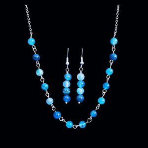 Gemstone Jewelry - Necklace Set - Jewelry Set, handmade natural gemstone necklace accompanied by a pair of drop earrings, blue lines agate or custom color