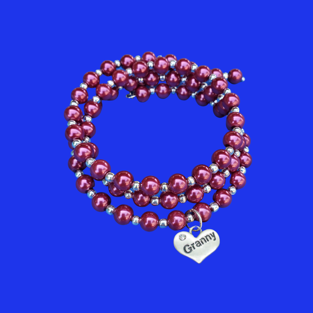 Granny Jewelry - Granny Gift - Gifts For Your Granny - Granny Multi Layer Expandable Wrap Pearl Charm Bracelet, bordeaux red or custom color