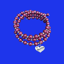 Load image into Gallery viewer, Auntie Gift - Auntie Present - Auntie Gift Ideas, auntie silver accented pearl expandable multi layer wrap charm bracelet, bordeaux red or custom color