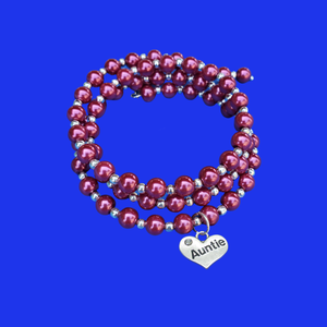 Auntie Gift - Auntie Present - Auntie Gift Ideas, auntie silver accented pearl expandable multi layer wrap charm bracelet, bordeaux red or custom color