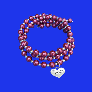 Bride Jewelry - Bride Gift - Gift Ideas For Brides, bride silver accented pearl expandable multi layer wrap charm bracelet, silver and bordeaux red or custom color