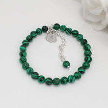 Load image into Gallery viewer, Handmade personalized initial natural gemstone charm bracelet, green malachite (green and black) or custom color - Custom Jewelry - Initial Bracelet - Personalized Bracelet