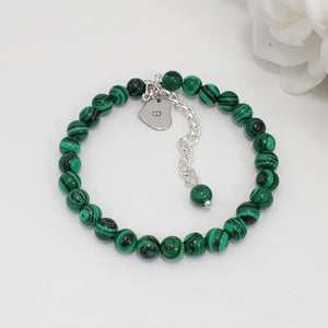 Handmade personalized initial natural gemstone charm bracelet, green malachite (green and black) or custom color - Custom Jewelry - Initial Bracelet - Personalized Bracelet