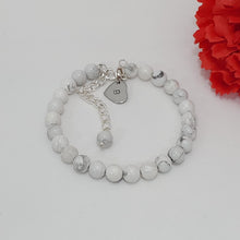 Load image into Gallery viewer, Handmade personalized initial natural gemstone charm bracelet, white howlite (shades of grey) or custom color - Custom Jewelry - Initial Bracelet - Personalized Bracelet