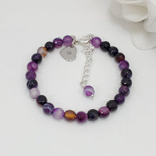 Load image into Gallery viewer, Handmade personalized initial natural gemstone charm bracelet, purple agate (shades of purple) or custom color - Custom Jewelry - Initial Bracelet - Personalized Bracelet
