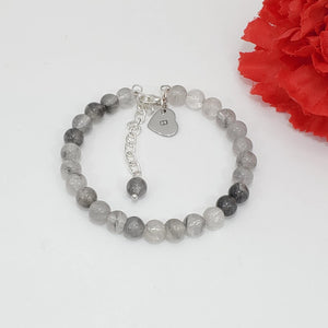 Handmade personalized initial natural gemstone charm bracelet, ghost crystals (shades of grey) or custom color - Custom Jewelry - Initial Bracelet - Personalized Bracelet