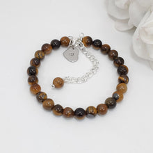 Load image into Gallery viewer, Handmade personalized initial natural gemstone charm bracelet, tiger&#39;s eye (shades of brown) or custom color - Custom Jewelry - Initial Bracelet - Personalized Bracelet