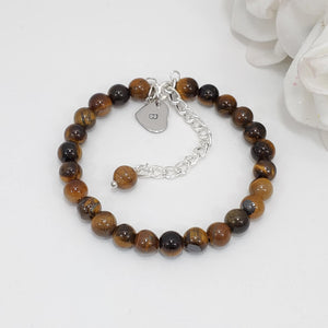 Handmade personalized initial natural gemstone charm bracelet, tiger's eye (shades of brown) or custom color - Custom Jewelry - Initial Bracelet - Personalized Bracelet