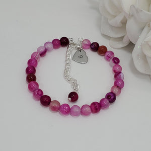 Handmade personalized initial natural gemstone charm bracelet, rose line agate (shades of pink) or custom color - Custom Jewelry - Initial Bracelet - Personalized Bracelet