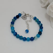 Load image into Gallery viewer, Handmade personalized initial natural gemstone charm bracelet, blue line agate (shades of blue) or custom color - Custom Jewelry - Initial Bracelet - Personalized Bracelet