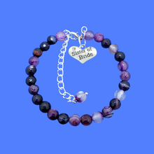 Load image into Gallery viewer, Sister of the Bride Bracelet - Sister of the Bride Gift, handmade sister of the bride natural gemstone charm bracelet, shades of purple (purple agate) or custom color