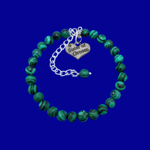 Load image into Gallery viewer, Sister of the Groom Gift - Groom&#39;s Sister, handmade sister of the groom natural gemstone charm bracelet, shades of green with black stripes (green malachite) or custom color