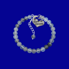 Load image into Gallery viewer, Sister of the Groom Gift - Groom&#39;s Sister, handmade sister of the groom natural gemstone charm bracelet, shades of grey (ghost crystals) or custom color