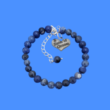 Load image into Gallery viewer, Sister of the Groom Gift - Groom&#39;s Sister, handmade sister of the groom natural gemstone charm bracelet, shades of blue (blue vein) or custom color