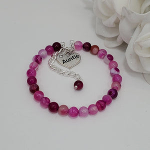 Handmade auntie natural gemstone charm bracelet, rose agate (shades of pink) or custom color - Aunt Charm Bracelet - Auntie Gift - Auntie Gift Ideas