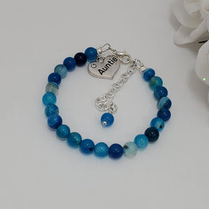 Handmade auntie natural gemstone charm bracelet, blue lines agate (shades of blue) or custom color - Aunt Charm Bracelet - Auntie Gift - Auntie Gift Ideas