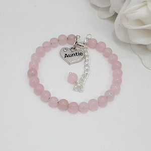 Handmade auntie natural gemstone charm bracelet,  rose quartz or custom color - Aunt Charm Bracelet - Auntie Gift - Auntie Gift Ideas