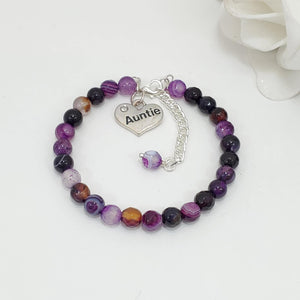 Handmade auntie natural gemstone charm bracelet, purple agate (shades of purple) or custom color - Aunt Charm Bracelet - Auntie Gift - Auntie Gift Ideas