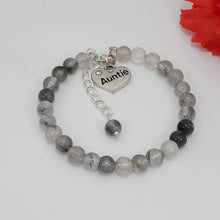 Load image into Gallery viewer, Handmade auntie natural gemstone charm bracelet, ghost crystals (shades of grey) or custom color - Aunt Charm Bracelet - Auntie Gift - Auntie Gift Ideas