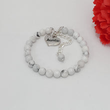 Load image into Gallery viewer, Handmade auntie natural gemstone charm bracelet, white howlite (shades of white and grey) or custom color - Aunt Charm Bracelet - Auntie Gift - Auntie Gift Ideas