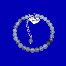 Load image into Gallery viewer, Gifts For My Aunt - Auntie Gift - Auntie Gift Ideas, handmade Auntie (ghost crystals) shades of grey charm bracelet