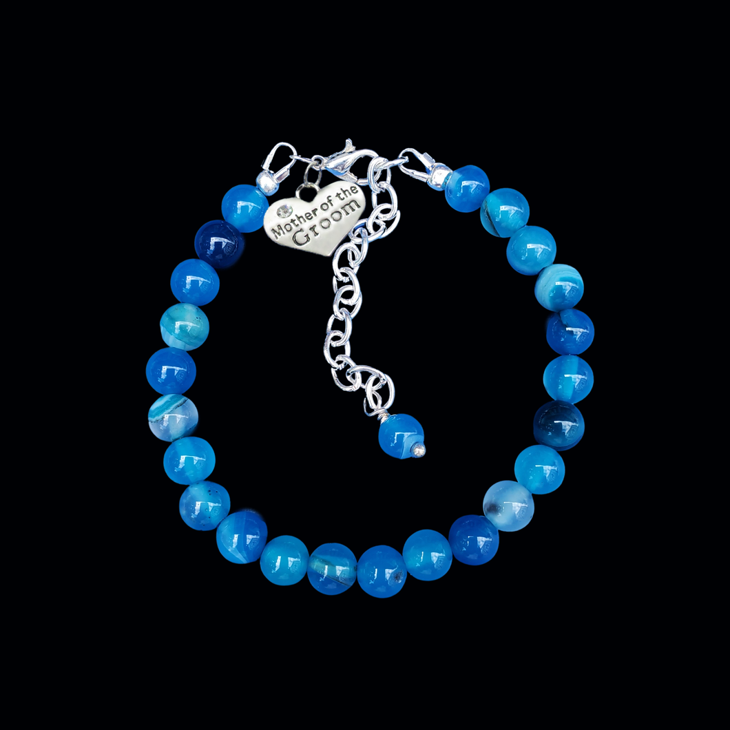 Gifts For Mother In Law - Mother Of The Groom Gift, handmade mother of the groom natural gemstone charm bracelet, shades of blue (blue lines agate) or custom color
