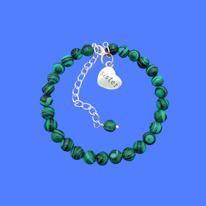 handmade natural gemstone sister charm bracelet (green malachite) shades of green and black stripeor custom color