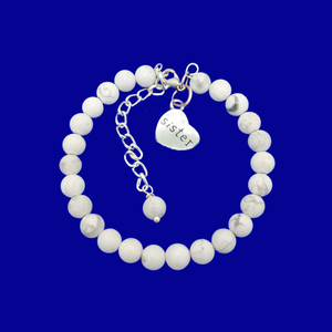 handmade natural gemstone sister charm bracelet (white howlite) shades of white and grey or custom color