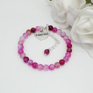 Handmade flower girl natural gemstone charm bracelet - rose line agate (shades of pink) or custom color - Flower Girl Gift - Flower Girl Jewelry