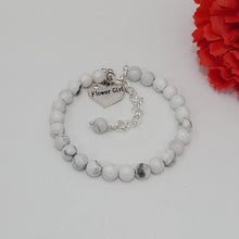 Load image into Gallery viewer, Handmade flower girl natural gemstone charm bracelet - white howlite (shades of white and grey) or custom color - Flower Girl Gift - Flower Girl Jewelry