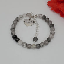 Load image into Gallery viewer, Handmade flower girl natural gemstone charm bracelet - ghost crystals (shades of grey) or custom color - Flower Girl Gift - Flower Girl Jewelry