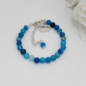 Handmade flower girl natural gemstone charm bracelet - blue lines agate (shades of blue) or custom color - Flower Girl Gift - Flower Girl Jewelry