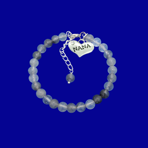 handmade nana natural gemstone charm bracelet, shades of grey (ghost crystals) or custom color