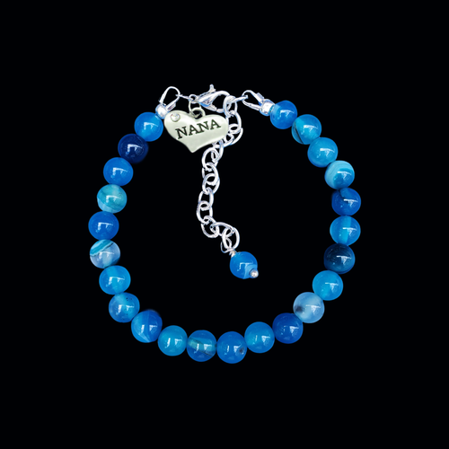 Nana Gift - Nana Present - Nana Jewelry, handmade nana natural gemstone charm bracelet, shades of blue (blue lines agate) or custom color