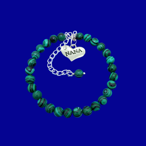 handmade nana natural gemstone charm bracelet (green malachite) shades of green and black stripes or custom color