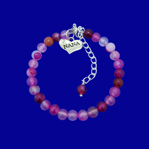 Nana Gift - Nana Bracelet - Gift Ideas For Nana, handmade nana natural gemstone charm bracelet, shades of pink (rose line agate) or custom color