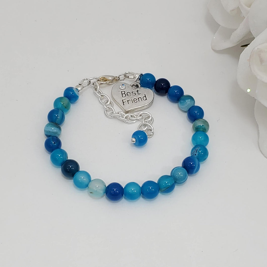 Handmade best friend natural gemstone charm bracelet - blue line agate (shades of blue) or custom color
