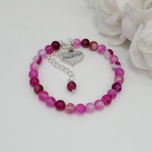 Handmade natural gemstone daughter charm bracelet - rose line agate (shades of pink) or custom color -Daughter Gift - Gift Ideas For Daughter In Law