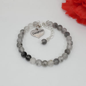 Handmade natural gemstone daughter charm bracelet - ghost crystals (shades of grey) or custom color -Daughter Gift - Gift Ideas For Daughter In Law
