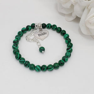 Handmade bride natural gemstone charm bracelet, green malachite (shades of green and black) or custom color - Bride Bracelet - Bride Jewelry - Bride Gift