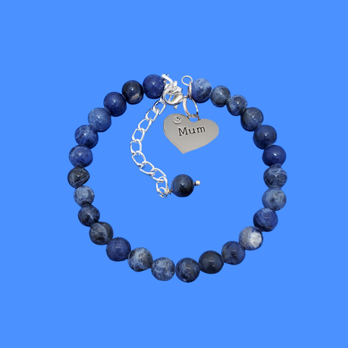 Gifts for Mum - Mum Bracelet - Mother Jewelry, handmade mum natural gemstone expandable charm bracelet, shades of blue (blue vein) or custom color