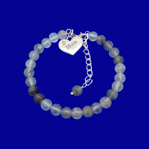 Gifts for Mum - Mum Bracelet - Mother Jewelry, handmade mum natural gemstone expandable charm bracelet, shades of grey (ghost crystals) or custom color