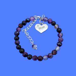 Gifts for Mum - Mum Bracelet - Mother Jewelry, handmade mum natural gemstone expandable charm bracelet, shades of purple (purple agate) or custom color